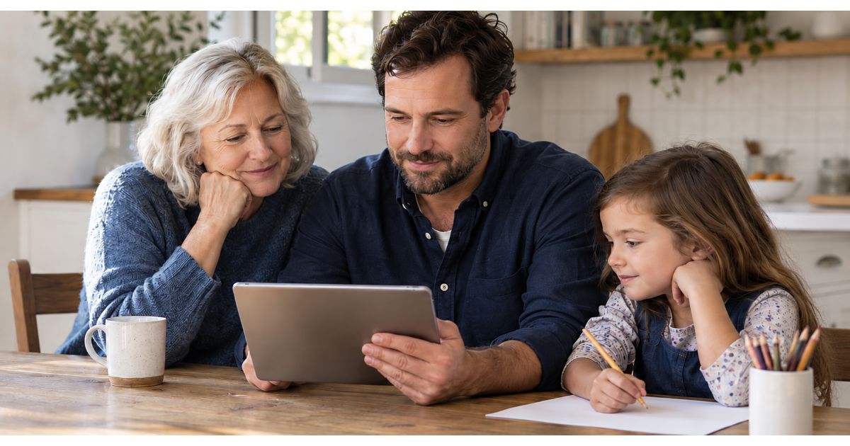 A grandparent and parent looking over a child's savings statement together